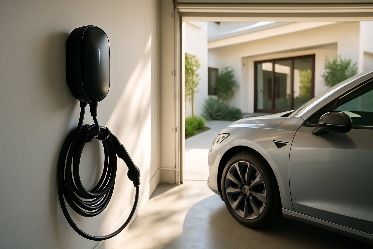 Wall-mounted EV charger beside an electric car in a clean garage