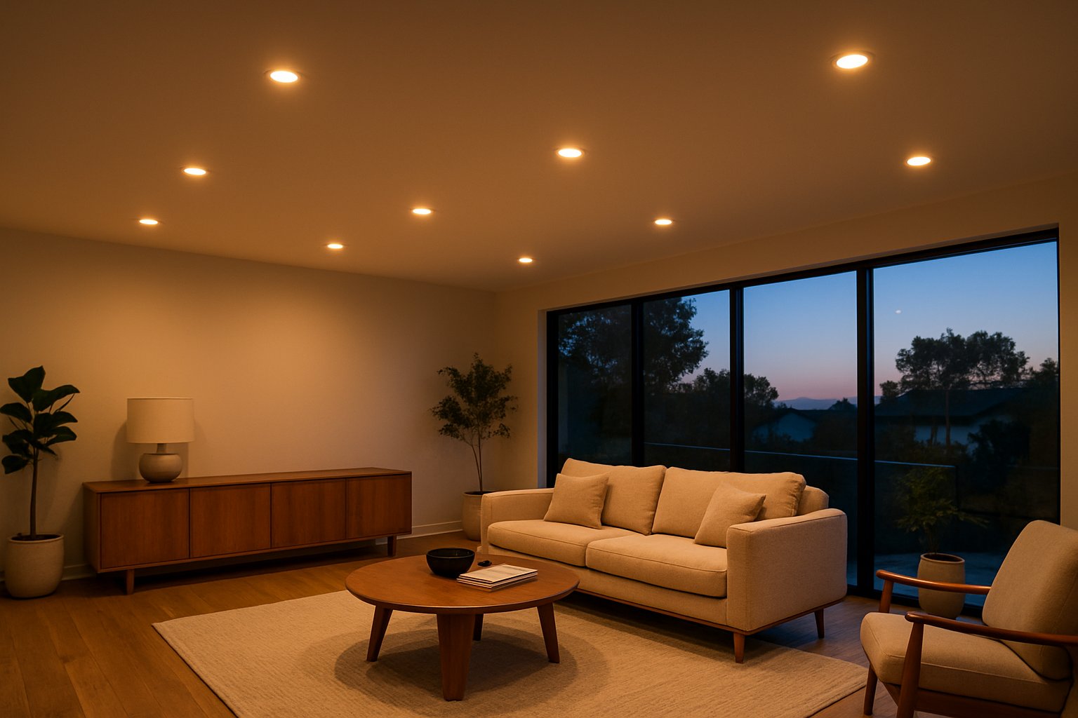 Warm recessed LED ceiling lights glowing in a modern living room at dusk