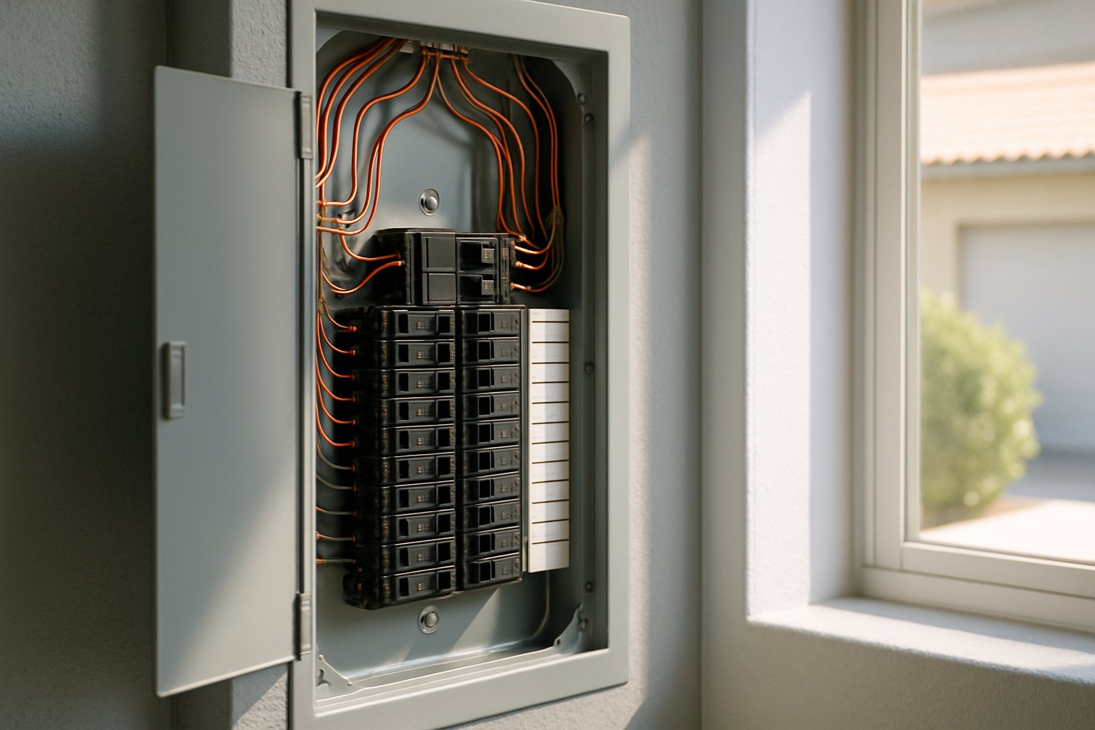 Modern breaker panel with labeled breakers and clean wiring