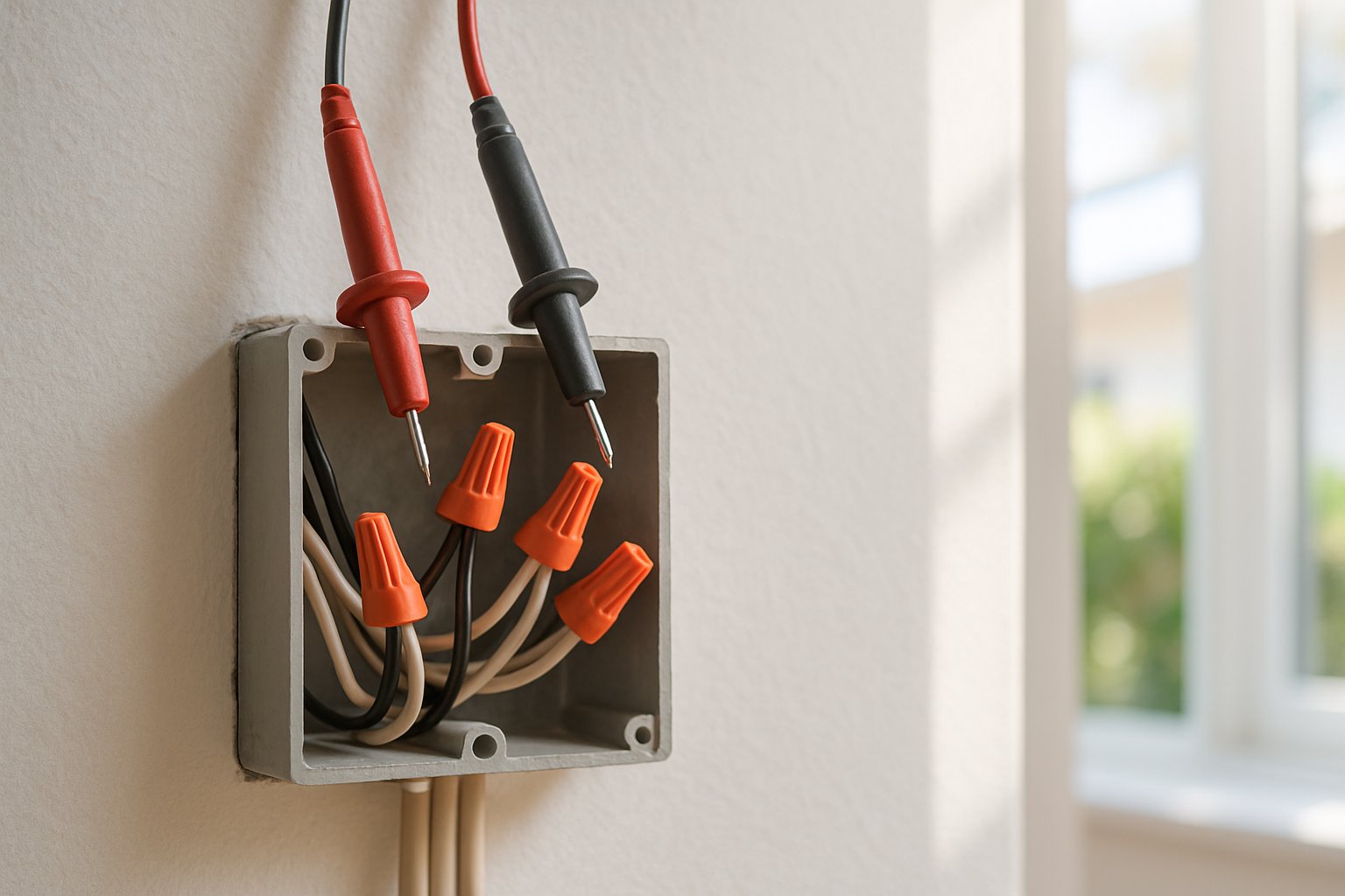 Multimeter probing a junction box with neat wire nuts