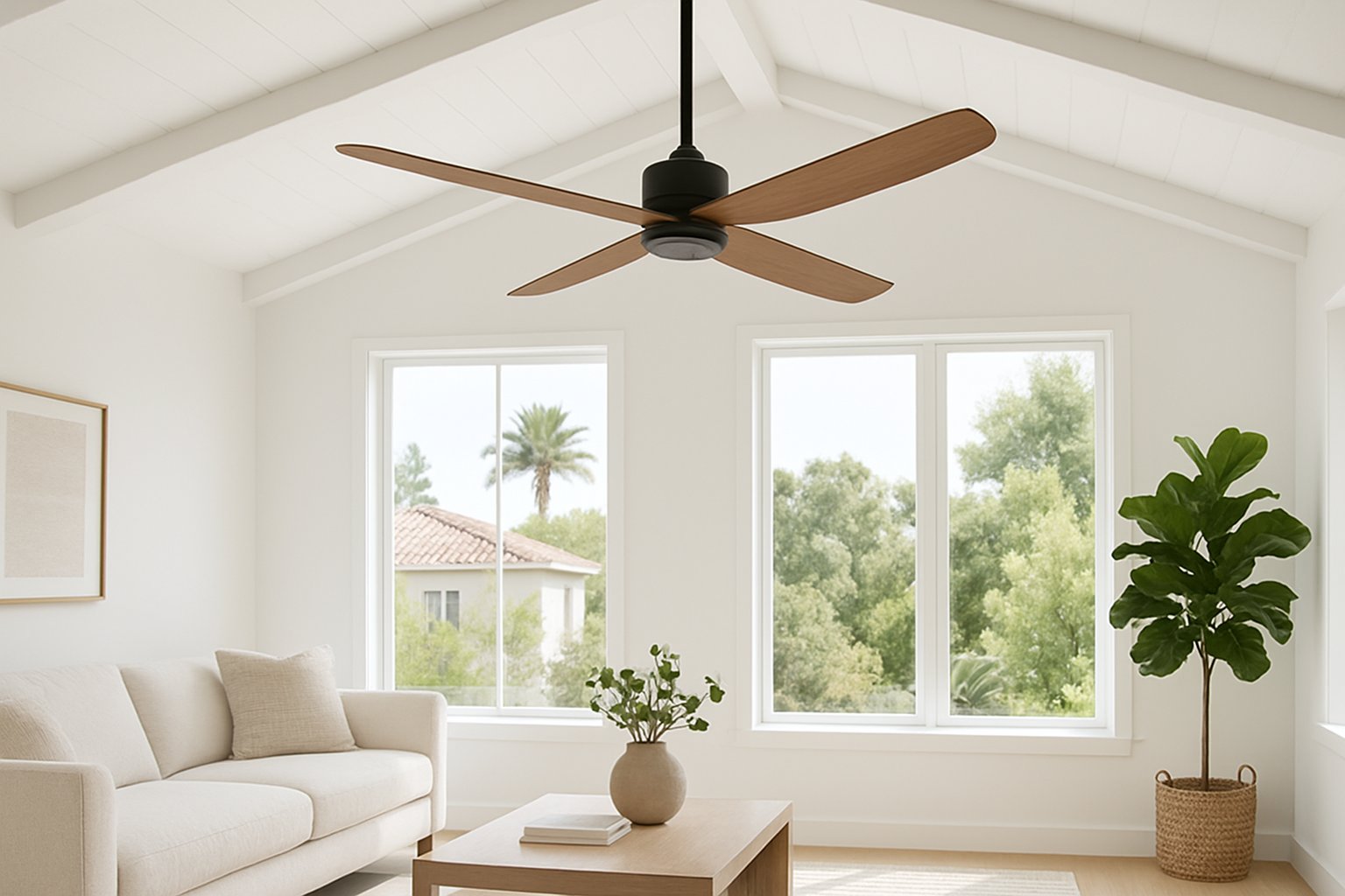 Modern ceiling fan mounted on a bright vaulted ceiling