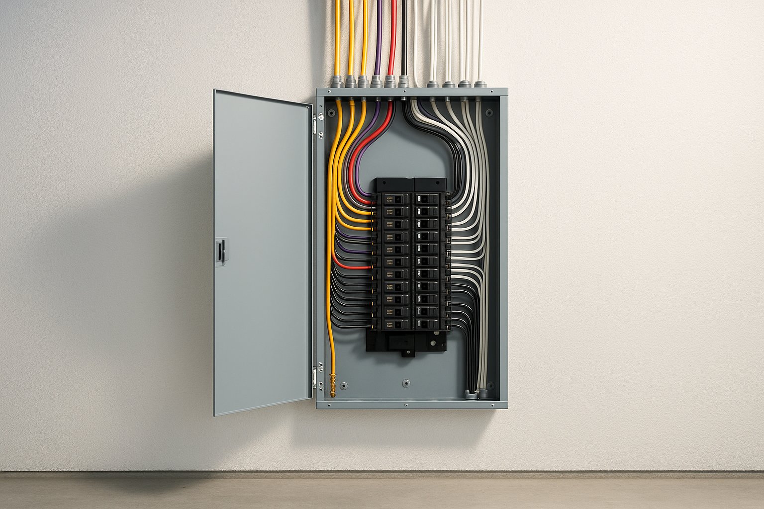 Brand-new electrical panel with neatly dressed colored wiring and tidy breaker rows on a garage wall